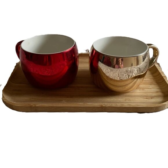 Two  2013 Holiday Christmas Starbucks Ceramic gold and red  Mirror Mugs Cups - Picture 9 of 11